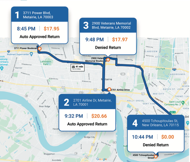 map of return fraud incidents at New Orleans area Rouses Markets